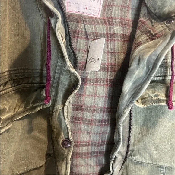 Free People “So Down” Military Olive Utility Jacket with Burgundy Details